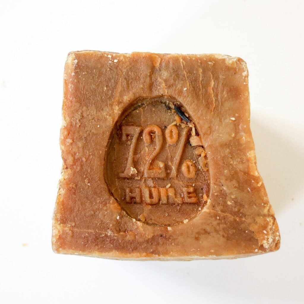 Block of Marseille laundry soap stamped 72% huile